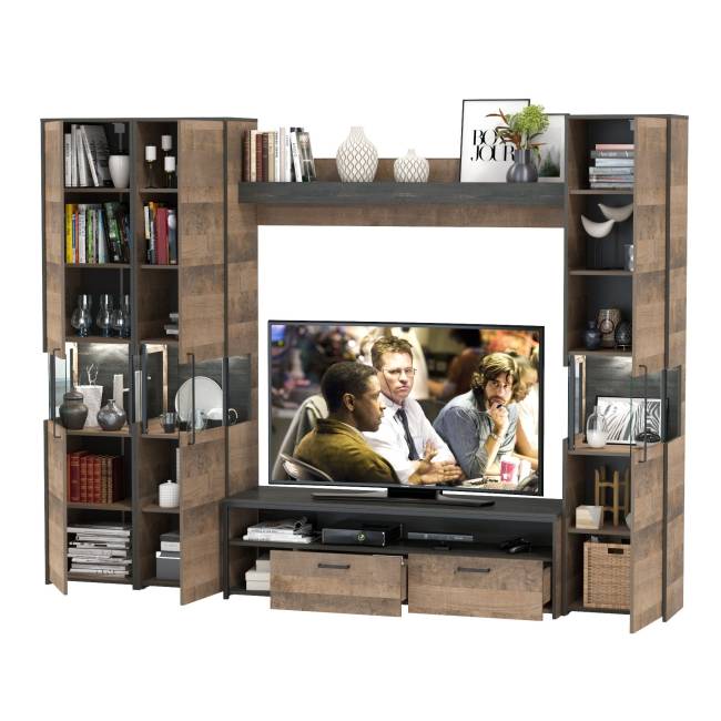 Три пенала-витрины в стиле лофт с подсветкой и тумба под ТВ Трувор цвет дуб гранж песочный/интра