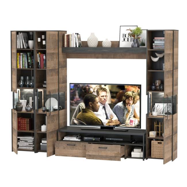 Три пенала-витрины в стиле лофт с подсветкой и тумба под ТВ Трувор цвет дуб гранж песочный/интра