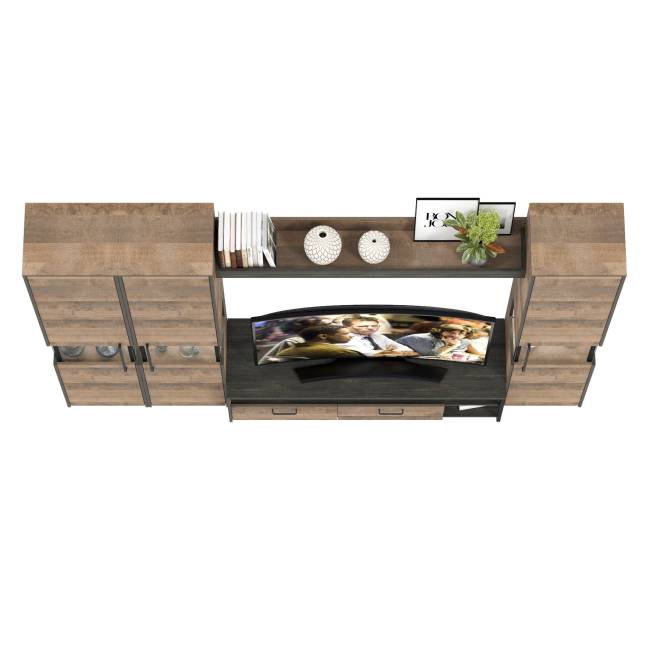 Три пенала-витрины в стиле лофт с подсветкой и тумба под ТВ Трувор цвет дуб гранж песочный/интра