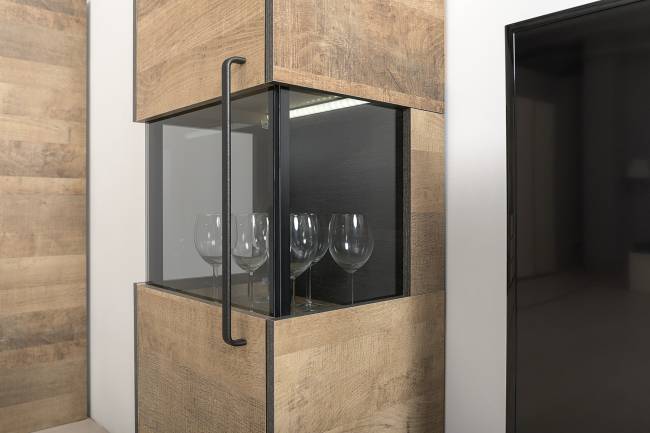 Три пенала-витрины в стиле лофт с подсветкой и тумба под ТВ Трувор цвет дуб гранж песочный/интра