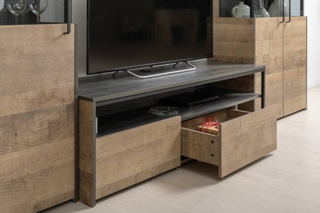 Три пенала-витрины в стиле лофт с подсветкой и тумба под ТВ Трувор цвет дуб гранж песочный/интра