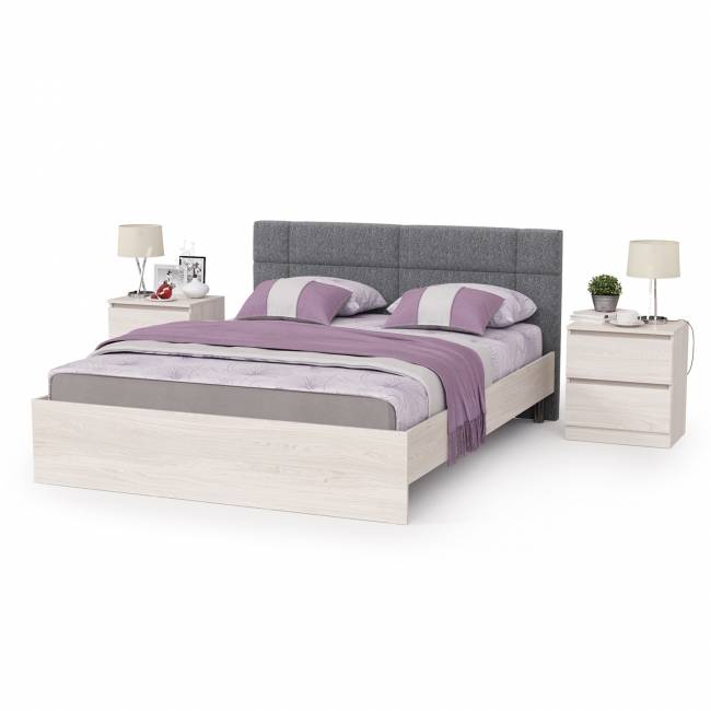 Двуспальная кровать с мягкой спинкой с основанием и двумя тумбочками Ника цвет ясень анкор светлый