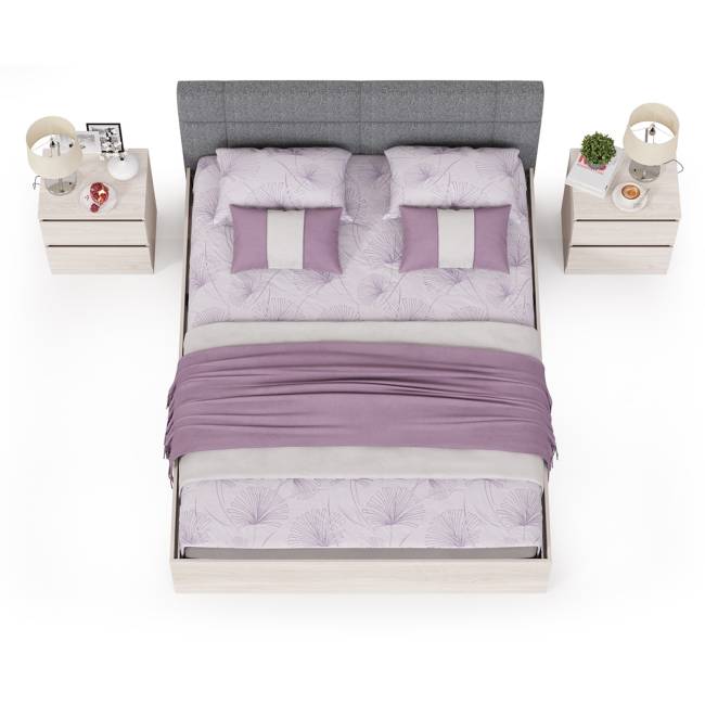 Двуспальная кровать с мягкой спинкой с основанием и двумя тумбочками Ника цвет ясень анкор светлый