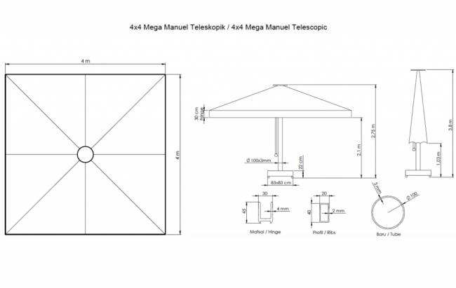 Зонт профессиональный 4х4 м Mega Telescopic Manual 4000х4000 мм