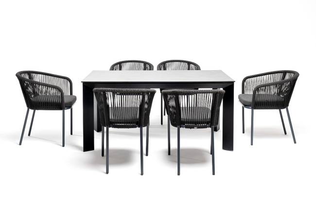 "Венето" обеденная группа на 6 персон со стульями "Марсель", каркас темно-серый, роуп темно-серый