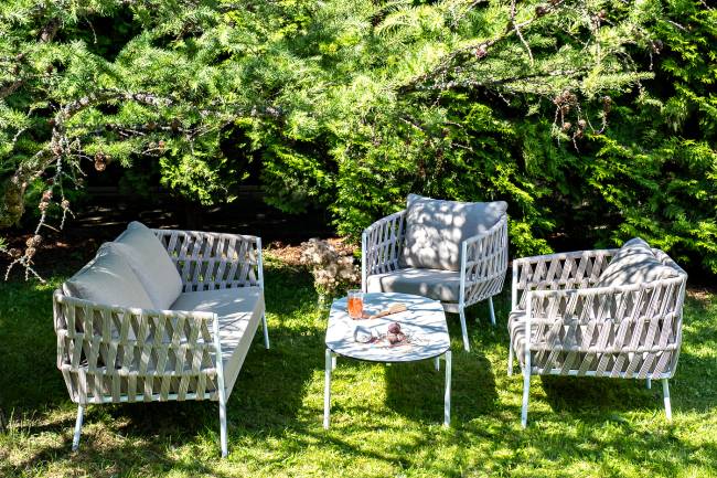 "Диего" лаунж-зона 4-местная плетеная из роупа (веревки), каркас алюминиевый белый, роуп бежевый