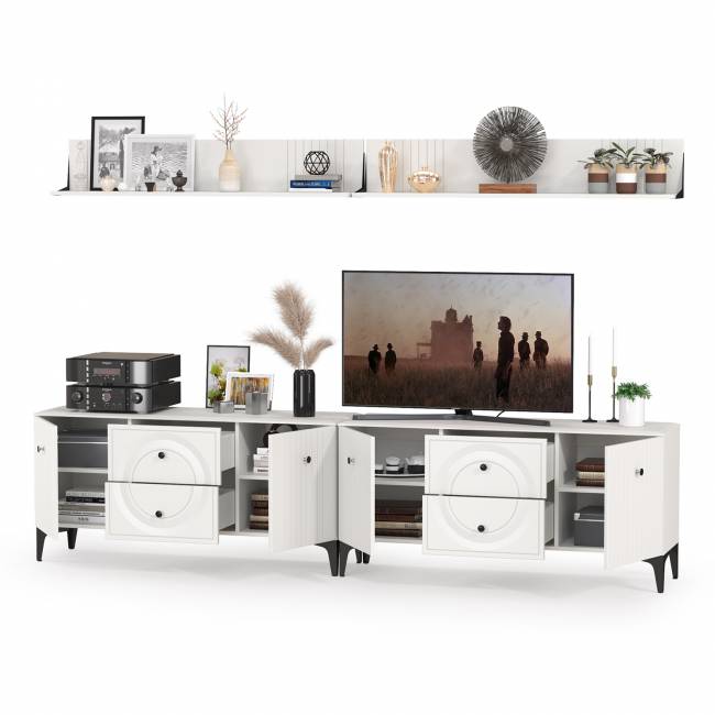 Две тумбы под ТВ с двумя полками Валенсия цвет белый шагрень