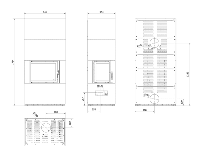 Каминокомплект Kratki PRO FLOKI OSSIDO NERO, угловое стекло слева