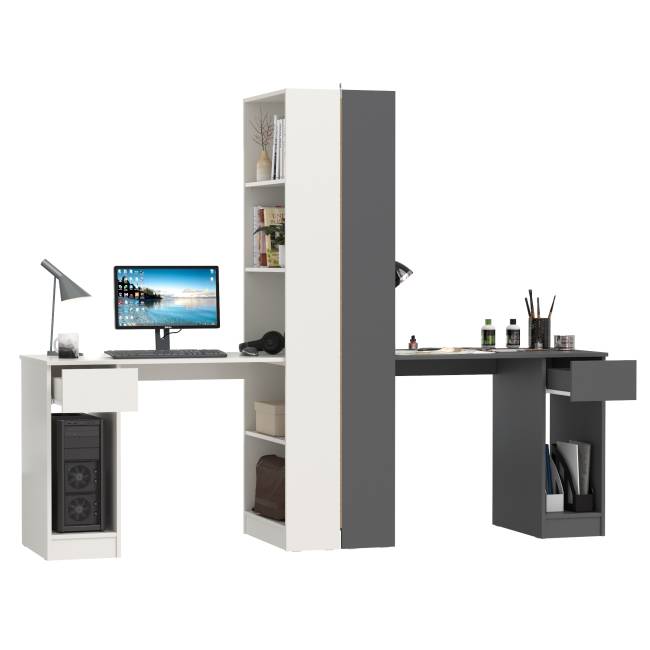 Два стола письменных со стеллажом с полками Лайт 10.01 цвет белый гладкий/тёмно-серый