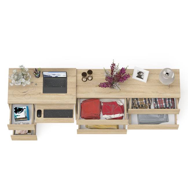 Широкий комод Мори МК1380.6 и стол компьютерный МС-6 три ящика слева цвет дуб сонома