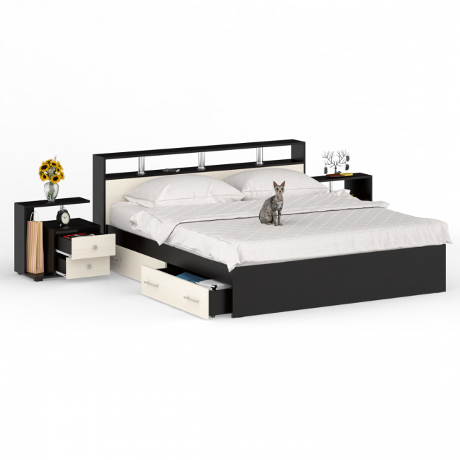 Кровать с ящиками 1800 Камелия + две тумбы цвет венге/дуб лоредо