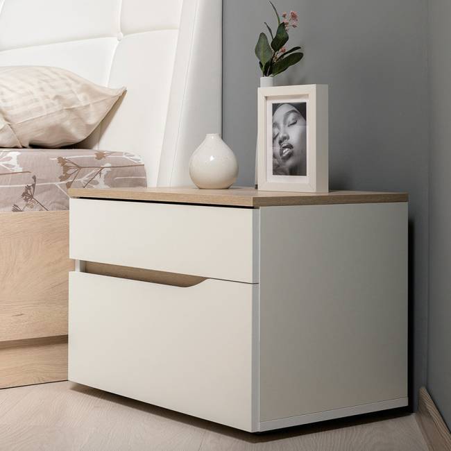 Две прикроватных тумбочки и кровать с основанием 1600 Муссон 11.41 цвет белый/дуб эндгрейн элегантный Две прикроватных тумбочки и кровать с основанием 1600 Муссон 11.41 цвет белый/дуб эндгрейн элегантный