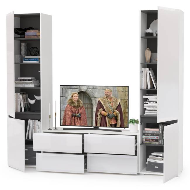 Стенка для гостиной Сидней № 7 цвет белый/чёрный/фасады МДФ белый глянец