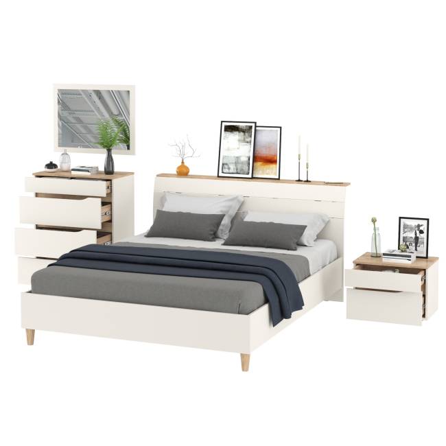 Кровать Муссон 1600 с ортопедическим основанием с тумбочкой и комодом с зеркалом цвет белый/дуб эндгрейн элегантный Кровать Муссон 1600 с ортопедическим основанием с тумбочкой и комодом с зеркалом цвет белый/дуб эндгрейн элегантный